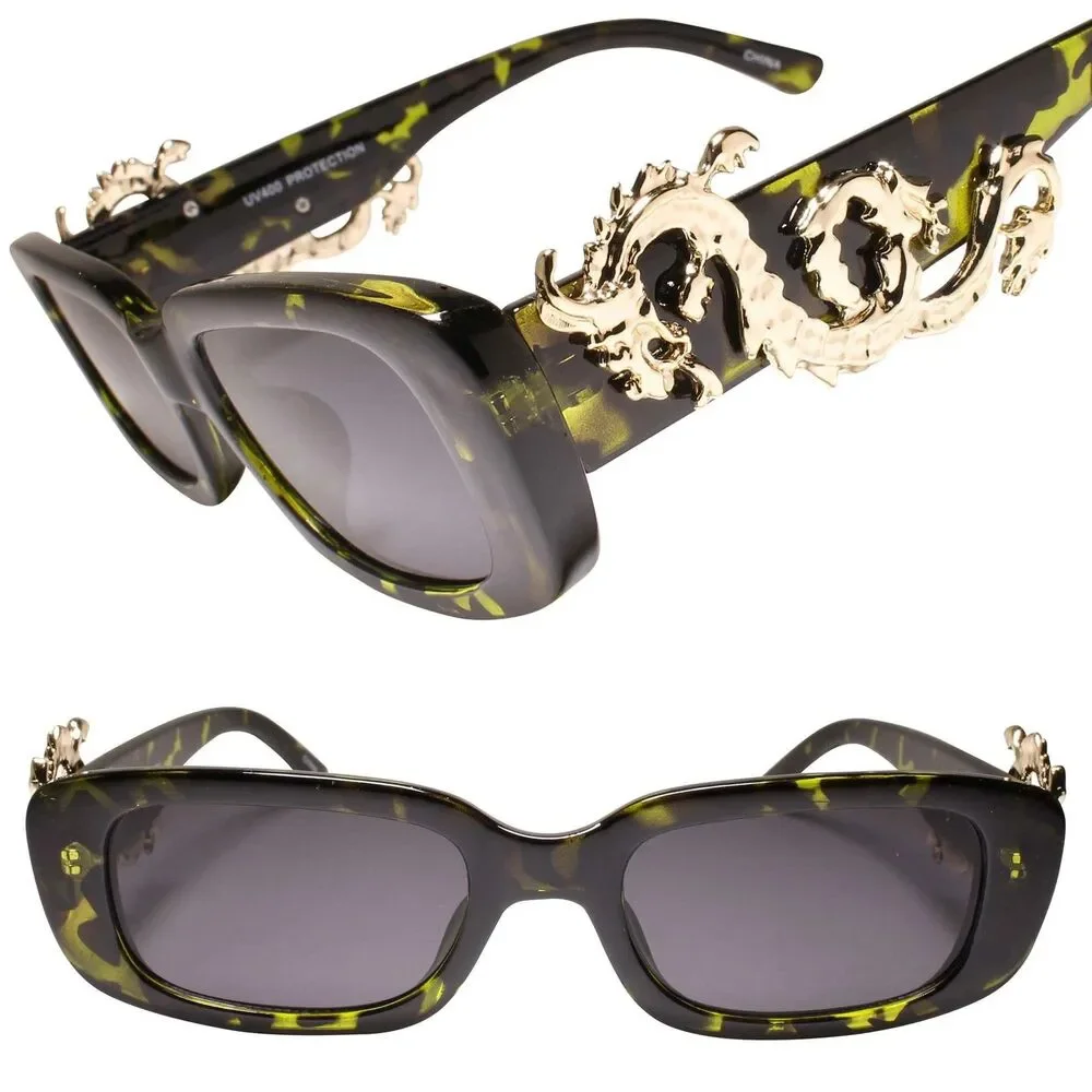 Rectangular Frame w/ Gold Metal Dragon Accent Vintage Green Tortoise Sunglasses